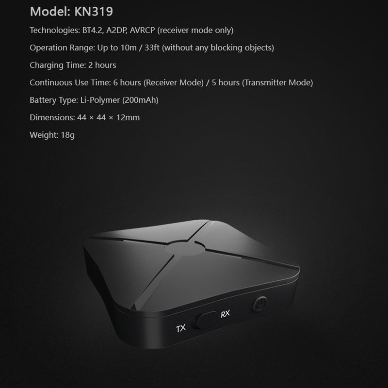 Generic - KN319 2 in 1 Bluetooth Audio Transmitter Receiver Bluetooth Music Adapter V5358_P Black - Image 1
