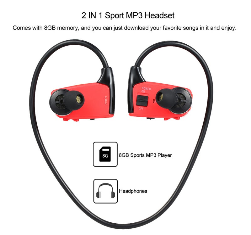 W262 8GB Sports MP3 Player Headphones 2 In 1 Music Headset V4370R_P Red  - Image 3
