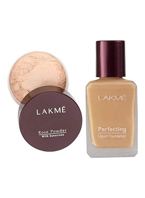Pack of 2 Rose Face Powder And  Perfecting Liquid Foundation, Pearl, 27ml Soft pink