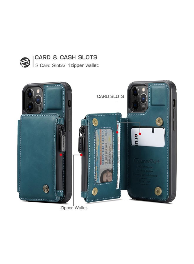 Zipper Wallet Case With RFID Blocking And Double Magnetic Clasp For Apple iPhone 12 Pro Max Blue