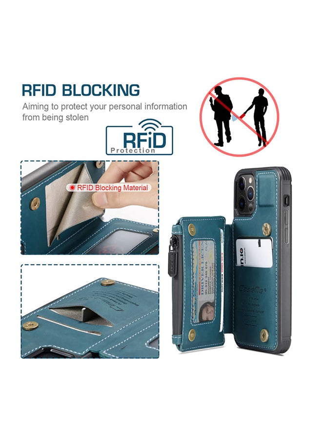 Zipper Wallet Case With RFID Blocking And Double Magnetic Clasp For Apple iPhone 12 Pro Max Blue