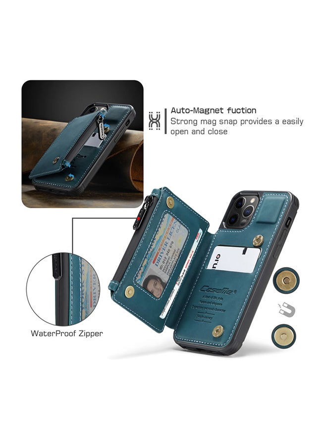 Zipper Wallet Case With RFID Blocking And Double Magnetic Clasp For Apple iPhone 12 Pro Max Blue