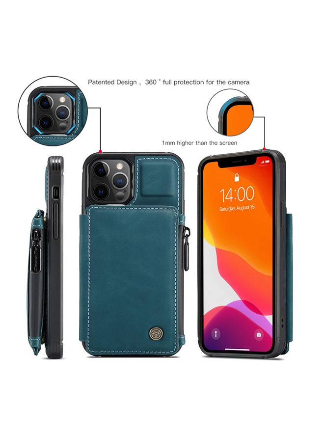 Zipper Wallet Case With RFID Blocking And Double Magnetic Clasp For Apple iPhone 12 Pro Max Blue