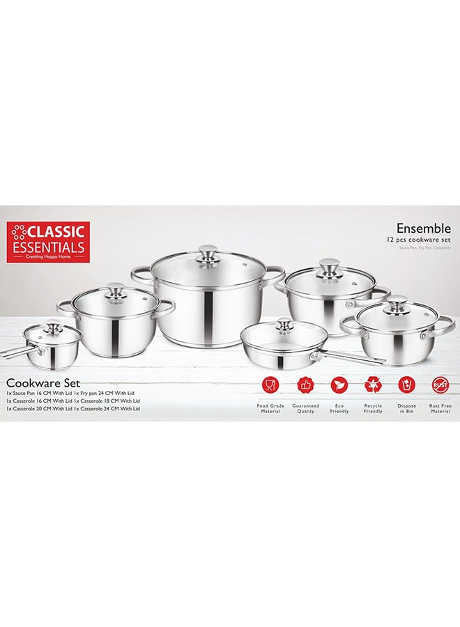Classic Essentials - 12-Piece Heavy Duty With Stainless Steel Handle Gas, Stovetops Compatible Made With Premium Quality Cookware Set Includes 1 x Casserole With Lid (24Cm) , 1 x Casserole With Lid (20Cm), 1 x Casserole With Lid (18Cm), 1 x Casserole With Lid (16Cm), 1 x Saucepan Set With Lid 16cm, 1 x Frypan With Lid (24Cm) Stainless Steel 12-Piece - Image 1