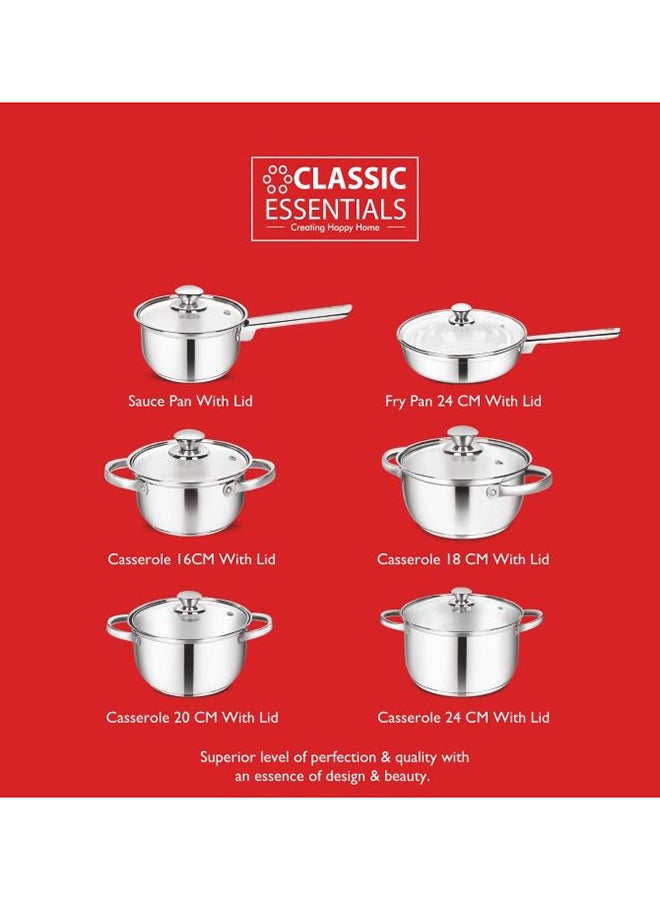 Classic Essentials - 12-Piece Heavy Duty With Stainless Steel Handle Gas, Stovetops Compatible Made With Premium Quality Cookware Set Includes 1 x Casserole With Lid (24Cm) , 1 x Casserole With Lid (20Cm), 1 x Casserole With Lid (18Cm), 1 x Casserole With Lid (16Cm), 1 x Saucepan Set With Lid 16cm, 1 x Frypan With Lid (24Cm) Stainless Steel 12-Piece - Image 1