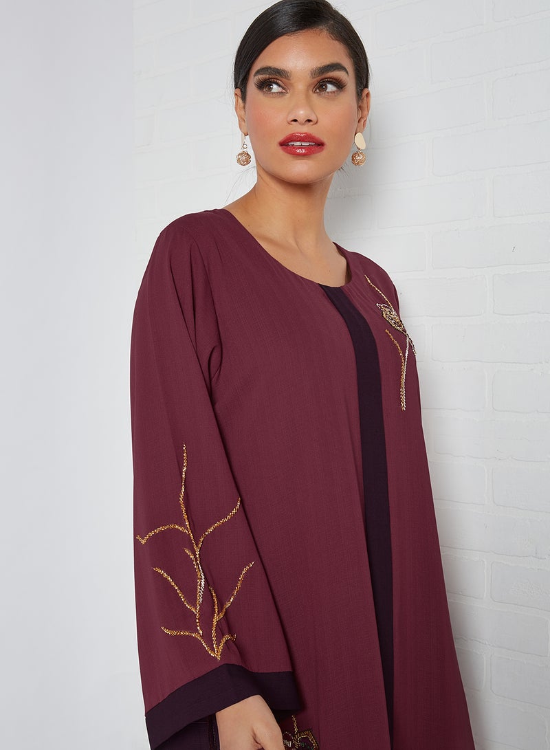 Zyna Fashion - Floral Pattern Round Neck Jalabiya Maroon - Image 1