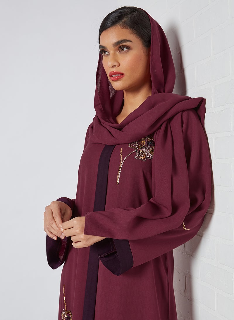 Zyna Fashion - Floral Pattern Round Neck Jalabiya Maroon - Image 1