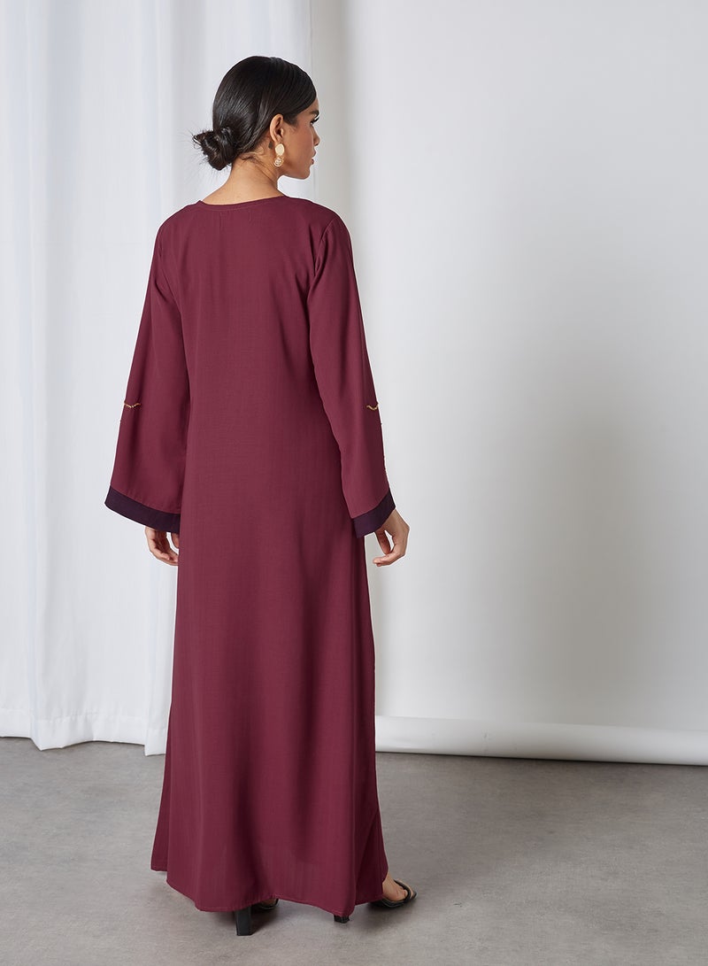 Zyna Fashion - Floral Pattern Round Neck Jalabiya Maroon - Image 1