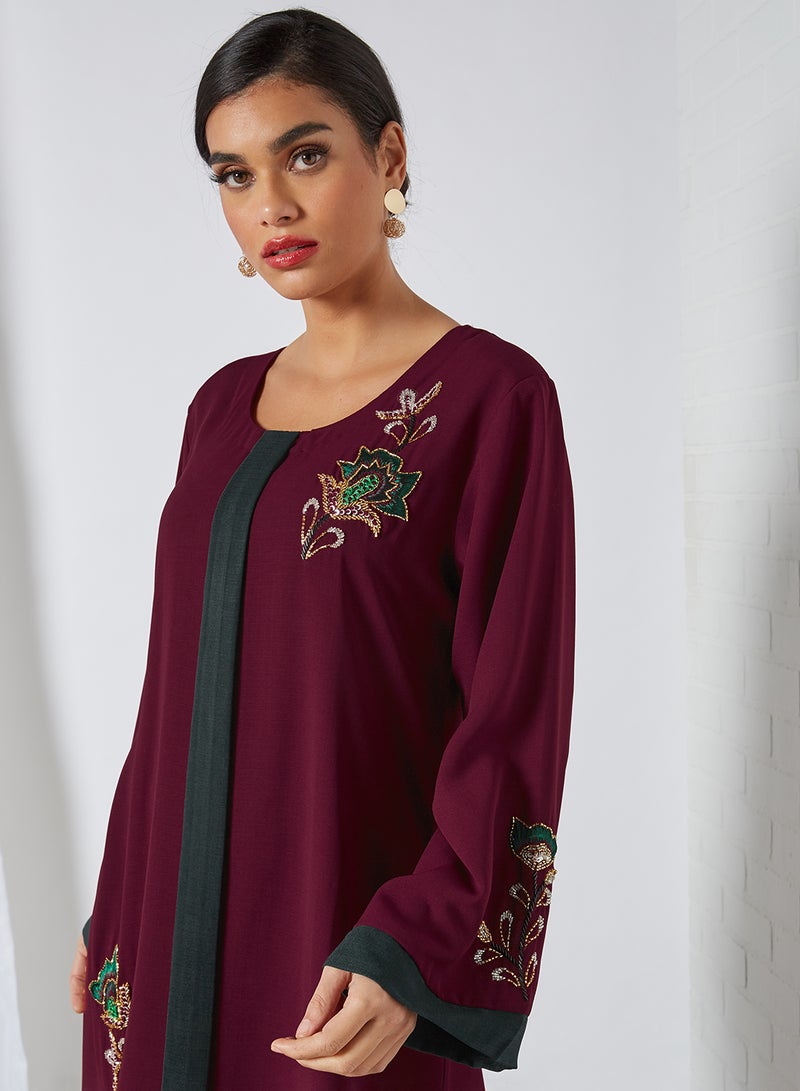 Zyna Fashion - Rose Embroidery Round Neck Jalabiya Maroon - Image 1