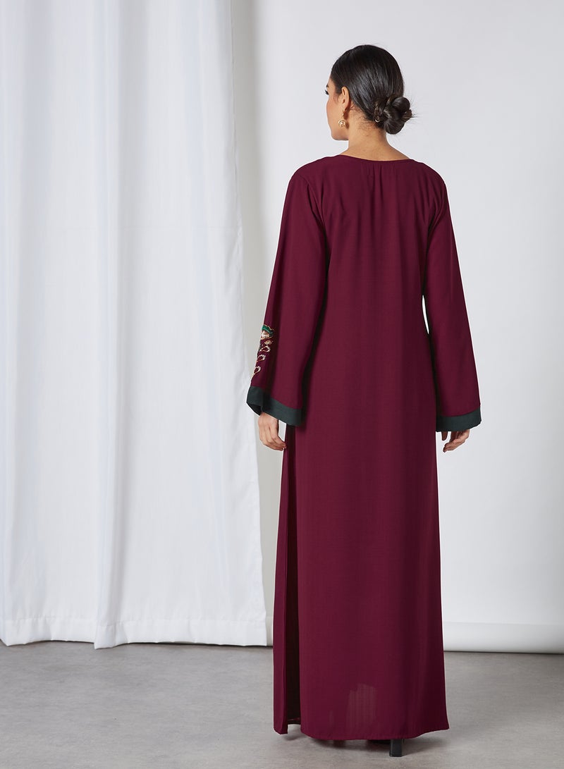 Zyna Fashion - Rose Embroidery Round Neck Jalabiya Maroon - Image 1