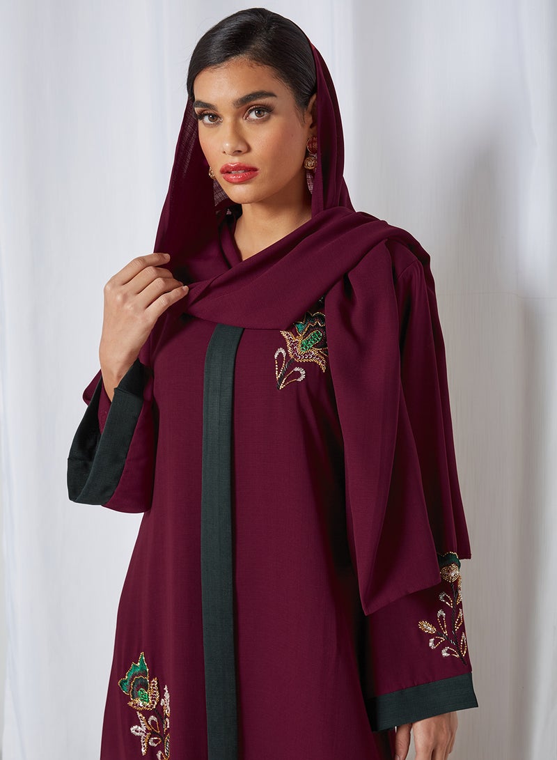 Zyna Fashion - Rose Embroidery Round Neck Jalabiya Maroon - Image 1