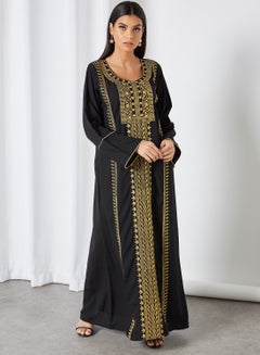 Gold Lines Work Round Neck Jalabiya Black