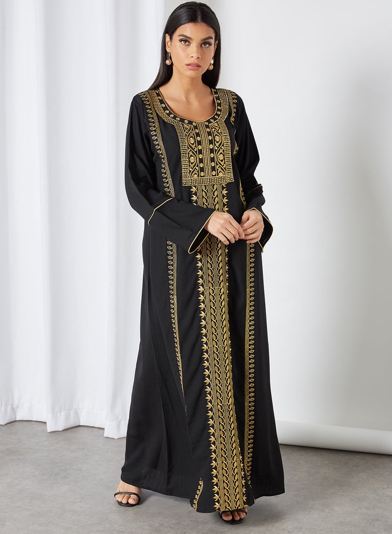 Zyna Fashion - Gold Lines Work Round Neck Jalabiya Black - Image 1