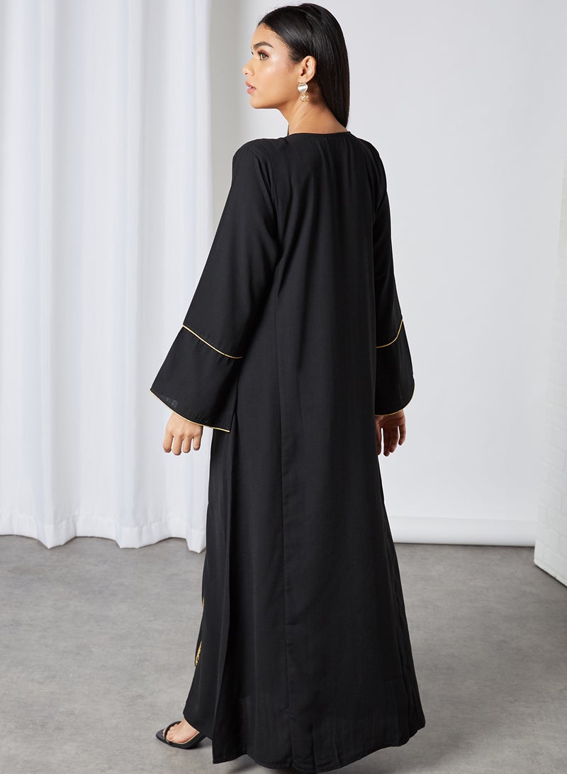 Zyna Fashion - Gold Lines Work Round Neck Jalabiya Black - Image 1