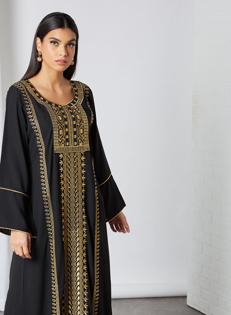 Zyna Fashion - Gold Lines Work Round Neck Jalabiya Black - Image 1
