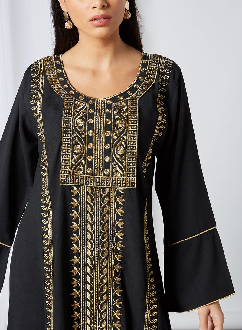 Zyna Fashion - Gold Lines Work Round Neck Jalabiya Black - Image 1
