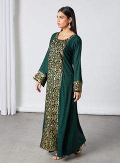 Heavy Gold Embroidery Round Neck Jalabiya Green