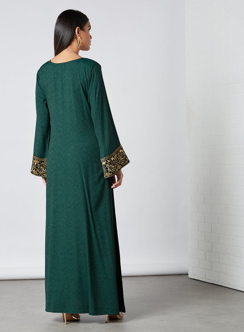 Zyna Fashion - Heavy Gold Embroidery Round Neck Jalabiya Green - Image 1