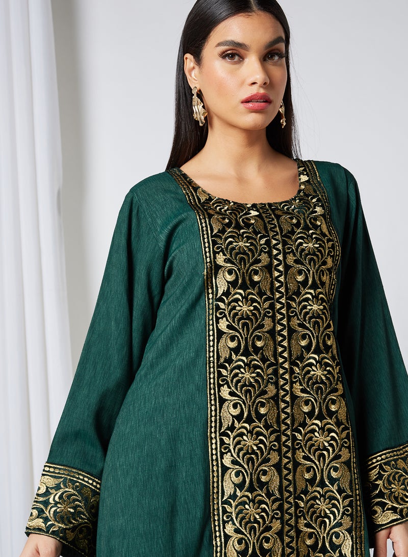 Zyna Fashion - Heavy Gold Embroidery Round Neck Jalabiya Green - Image 1