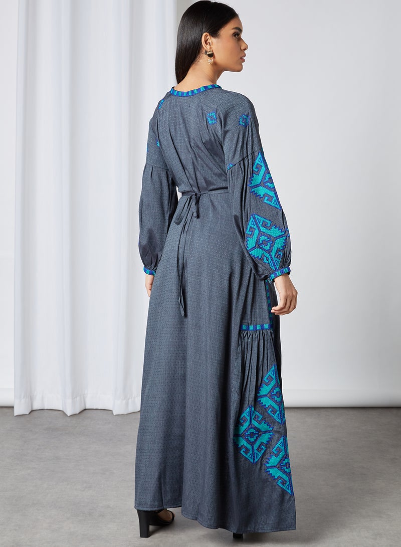 Zyna Fashion - Plated Design Peasant Neck Jalabiya Blue - Image 1