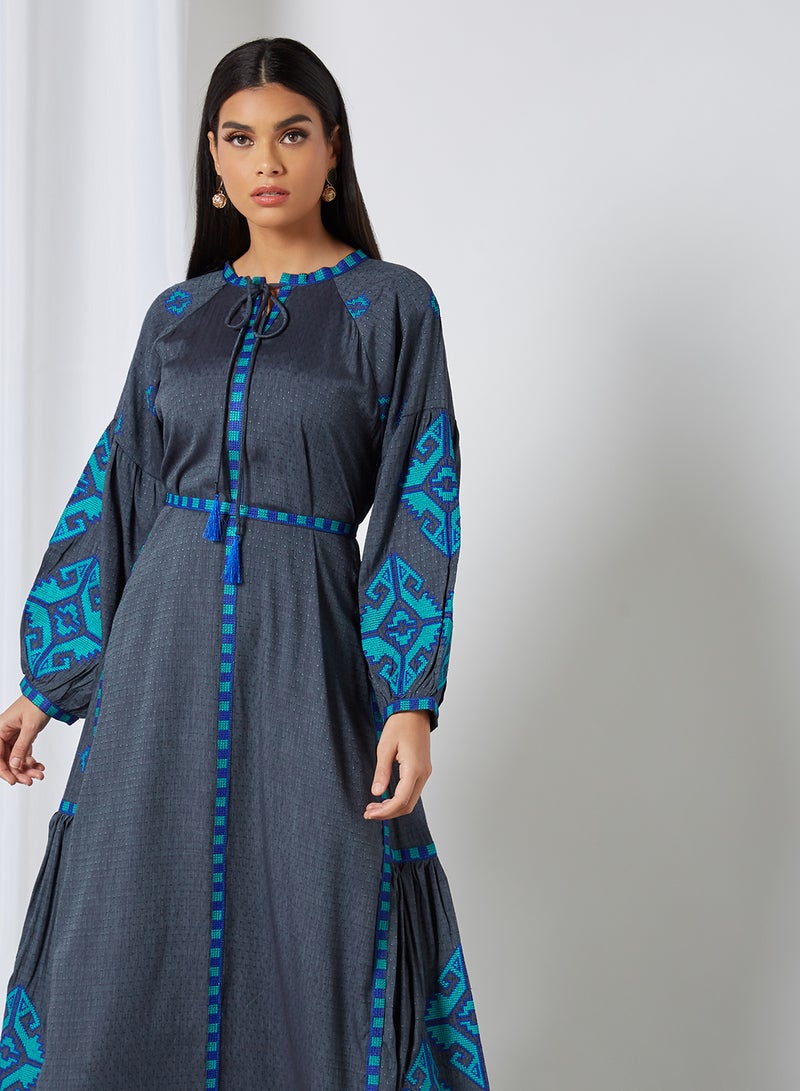 Zyna Fashion - Plated Design Peasant Neck Jalabiya Blue - Image 1