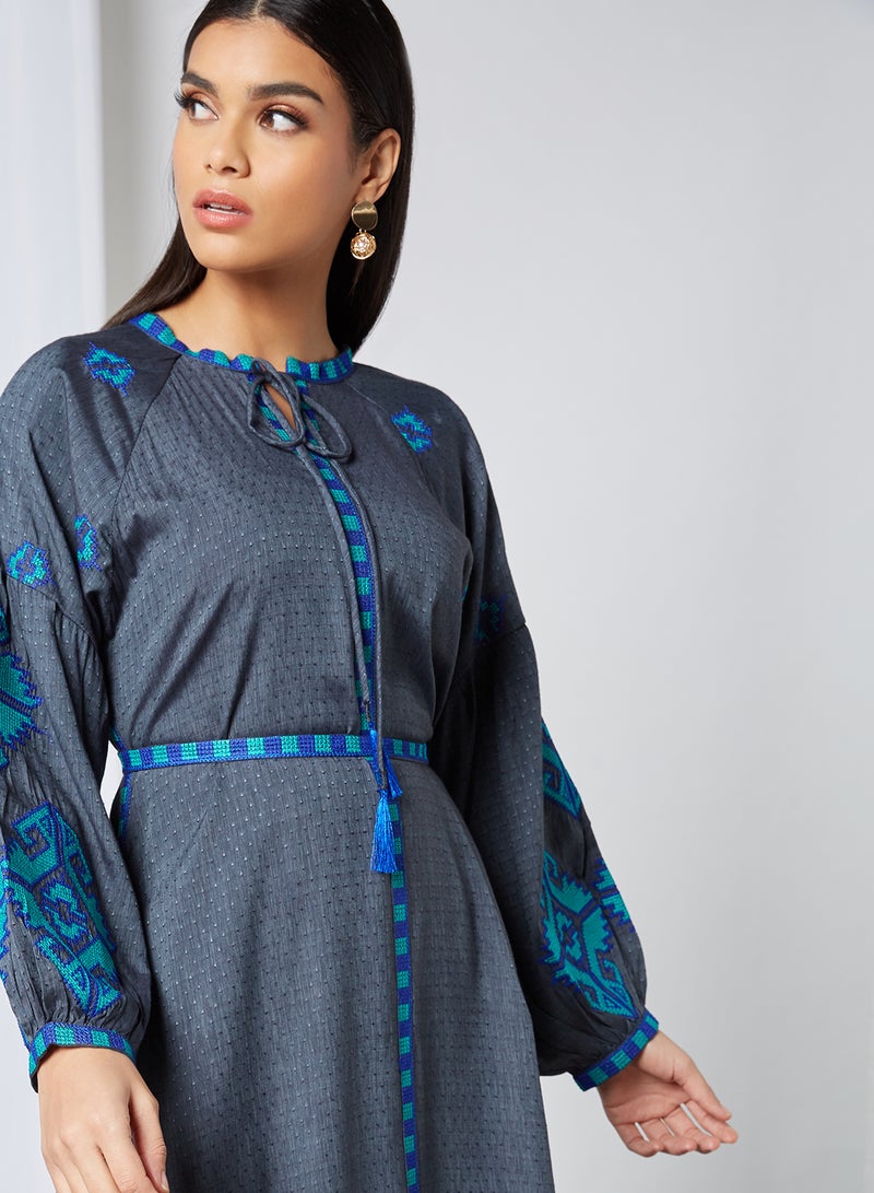 Zyna Fashion - Plated Design Peasant Neck Jalabiya Blue - Image 1