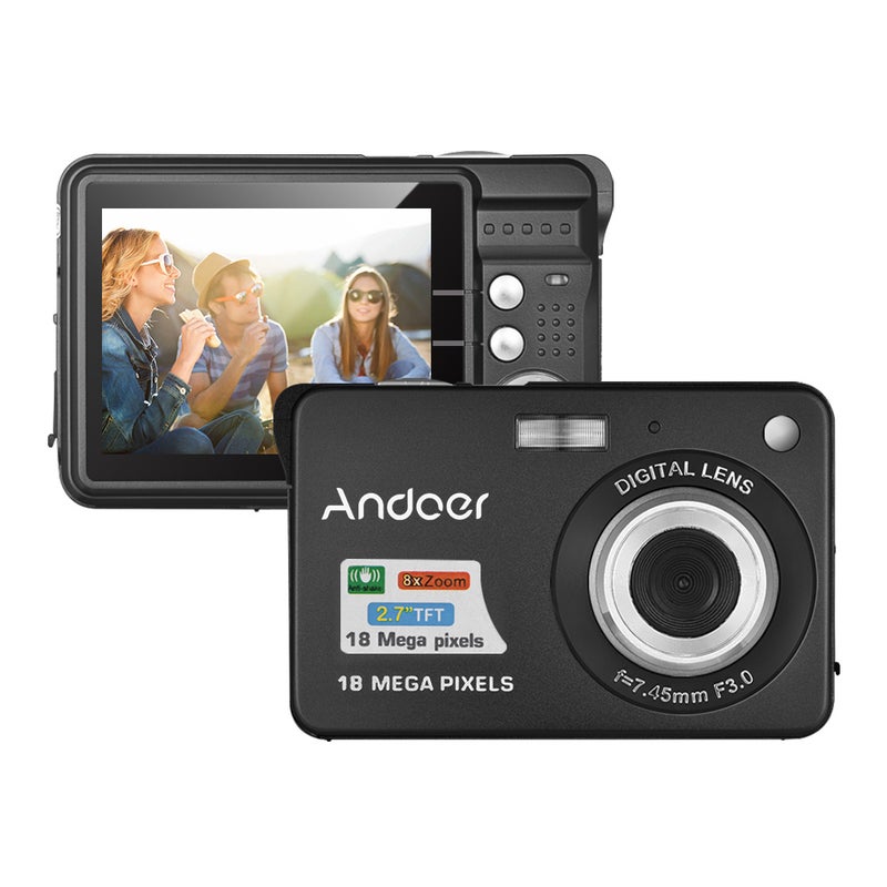 كاميرا رقمية بدقة 18 ميجابكسل للتصوير الفوتوغرافي ودقة 720 بكسل لتصوير الفيديو مزودة بشاشة LCD مقاس 2.7 بوصة تأتي مع بطاريتين