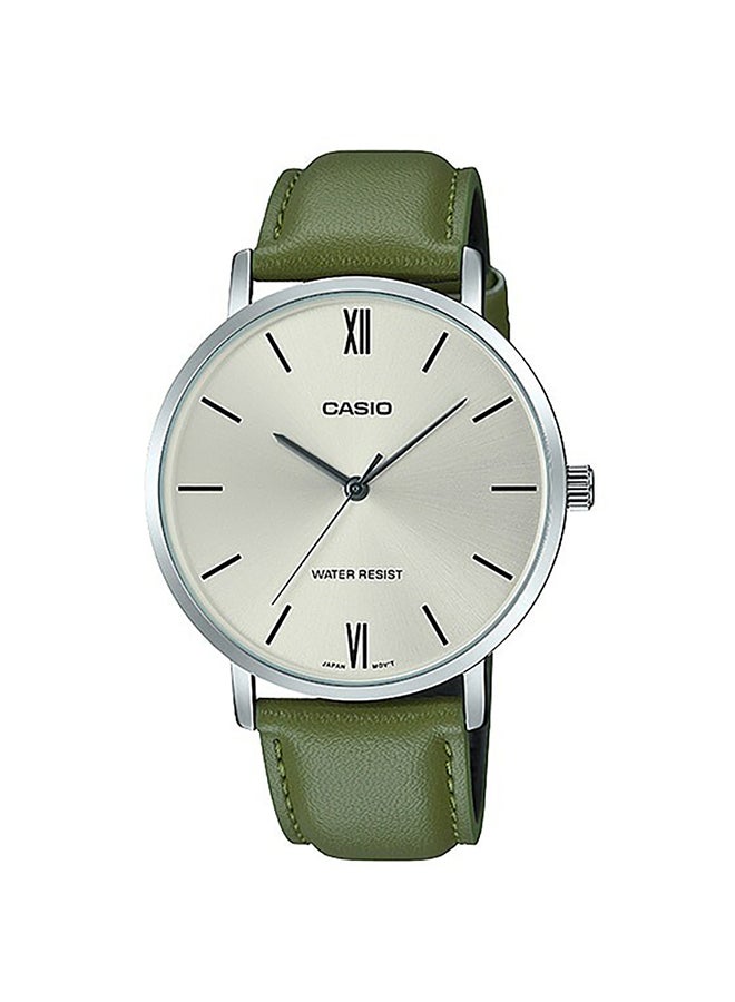 CASIO Men's Leather Analog Quartz Wrist Watch MTP-VT01L-3BUDF Silver - 46 mm - Green  - Image 1
