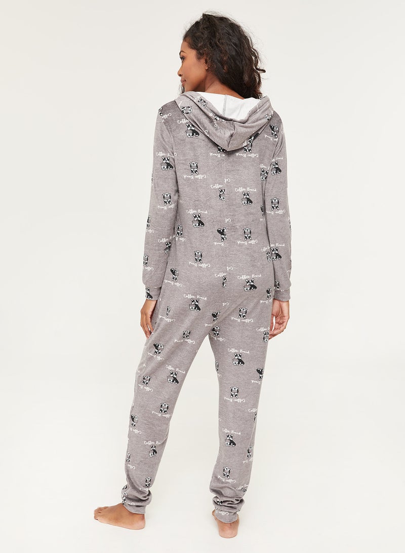Ardene - Velour Shape Onesie With Hoodie Grey - Image 1