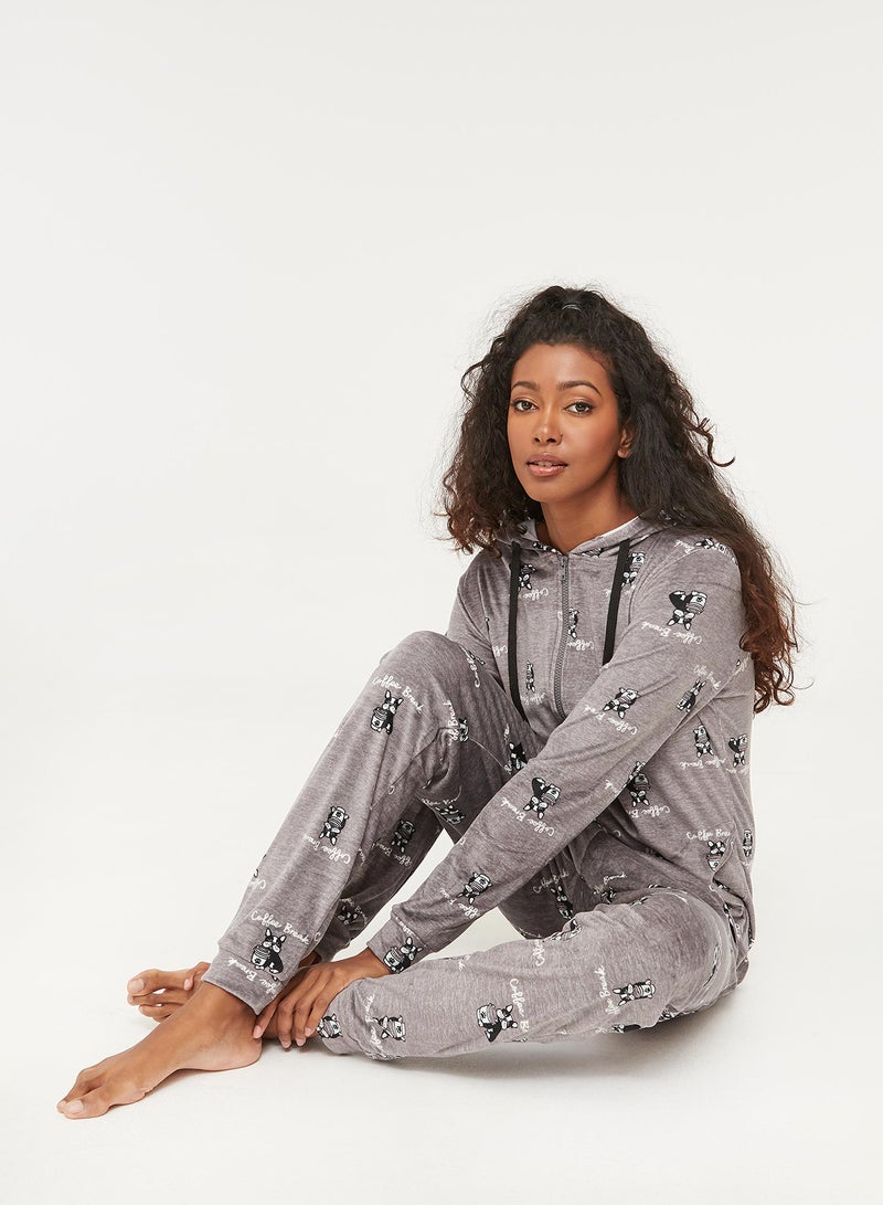 Ardene - Velour Shape Onesie With Hoodie Grey - Image 1