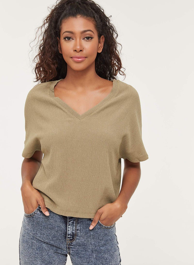 Ardene Casual Polyester Blend V-Neck Double V Dolman Top Green  - Image 1