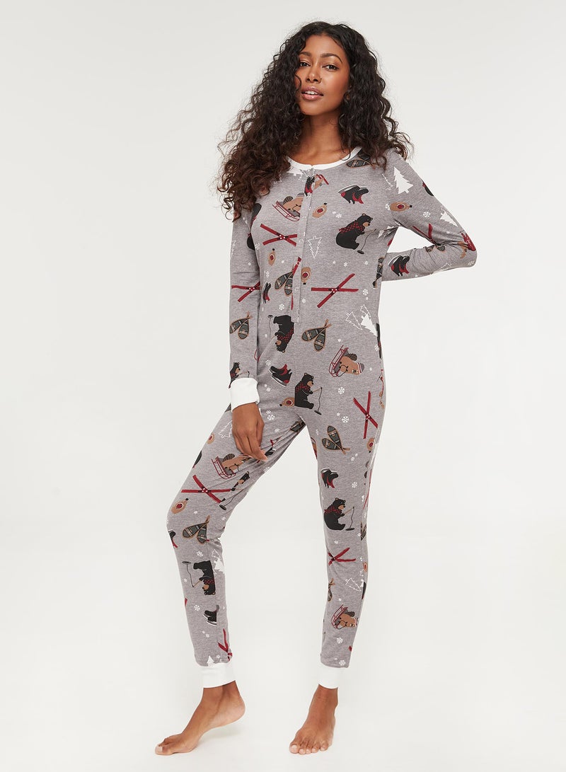 Ardene - Printed Long Sleeves Onesie Grey - Image 1