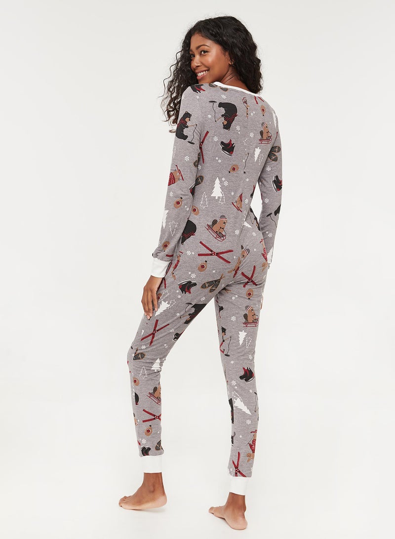 Ardene - Printed Long Sleeves Onesie Grey - Image 1
