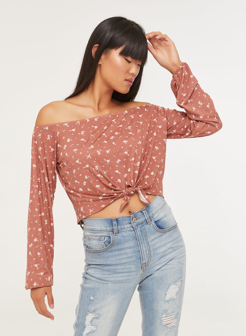 Ardene Long Sleeves Tie Front Off Shoulder Top Pink - Image 1
