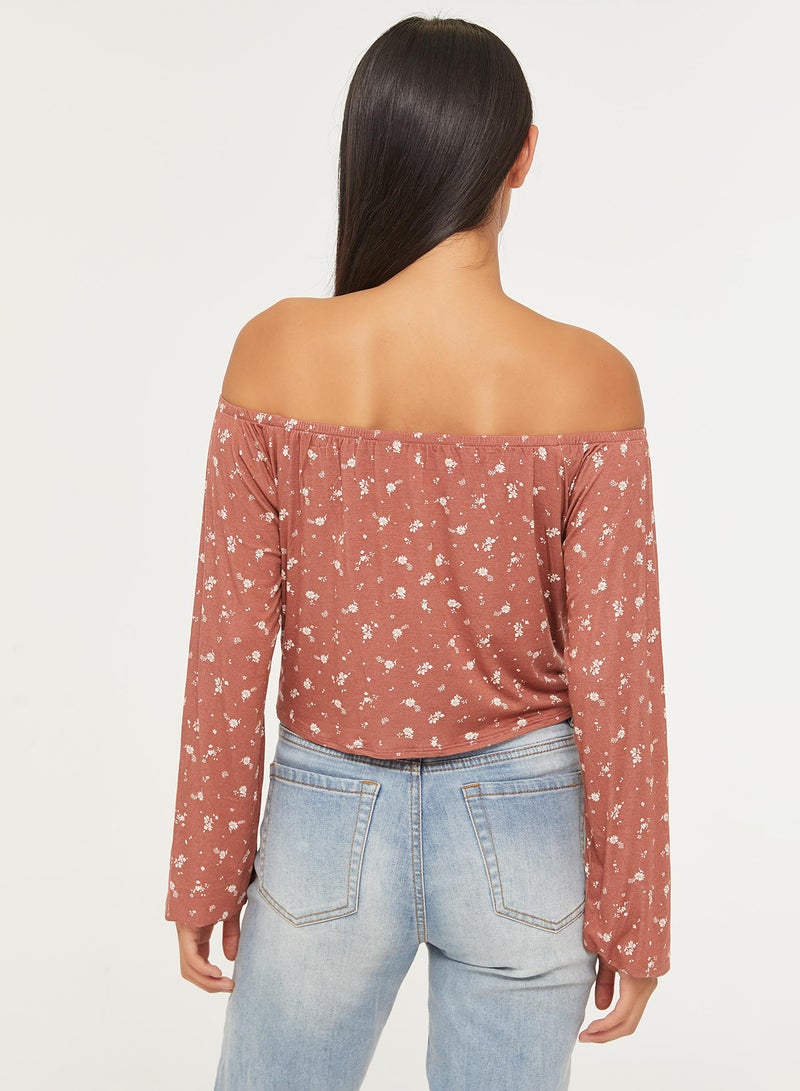 Ardene Long Sleeves Tie Front Off Shoulder Top Pink - Image 2