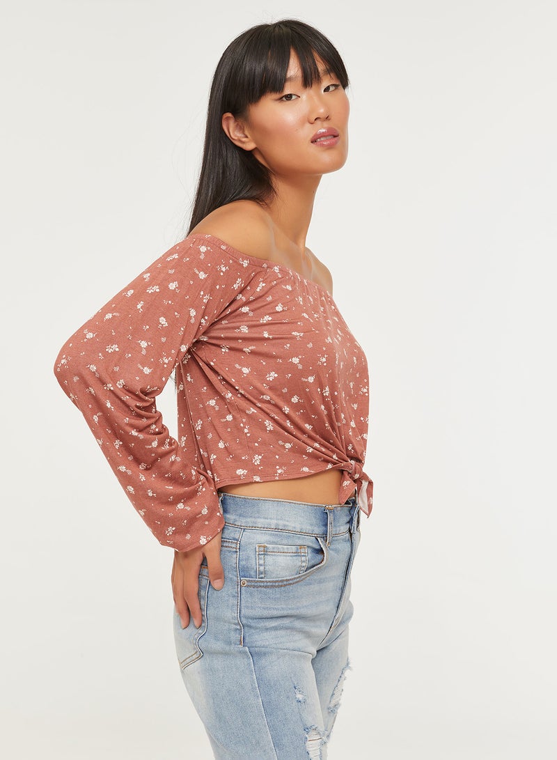 Ardene Long Sleeves Tie Front Off Shoulder Top Pink - Image 3