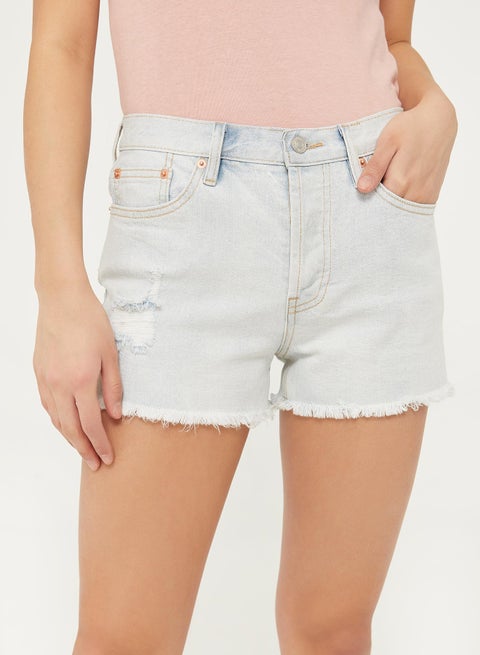 Vintage Distressed Raw Hem Button Fly Shorts Blue