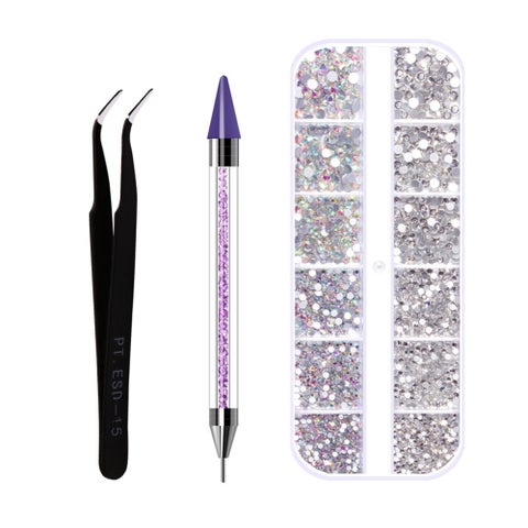Nail Art Rhinestone Decoration Set With Curved Tweezer Assorted Clear
