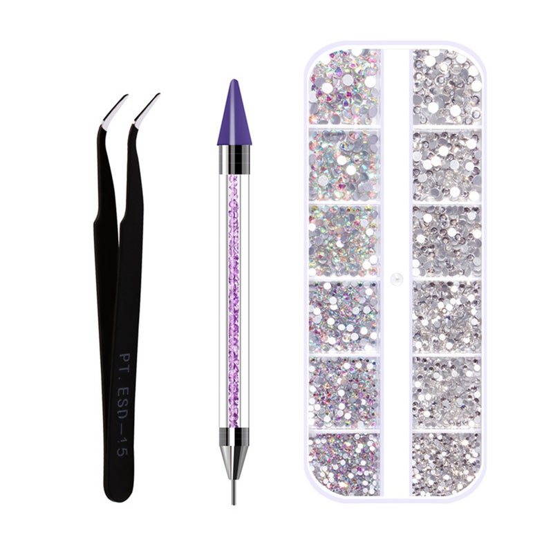 Nail Art Rhinestone Decoration Set With Curved Tweezer Assorted Clear - Image 1