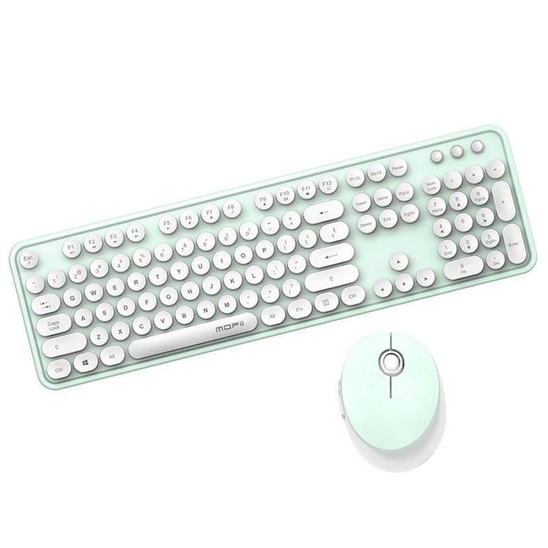 Generic Cordless Mechanical Round Cap Keyboard And Mouse White/Green  - Image 1