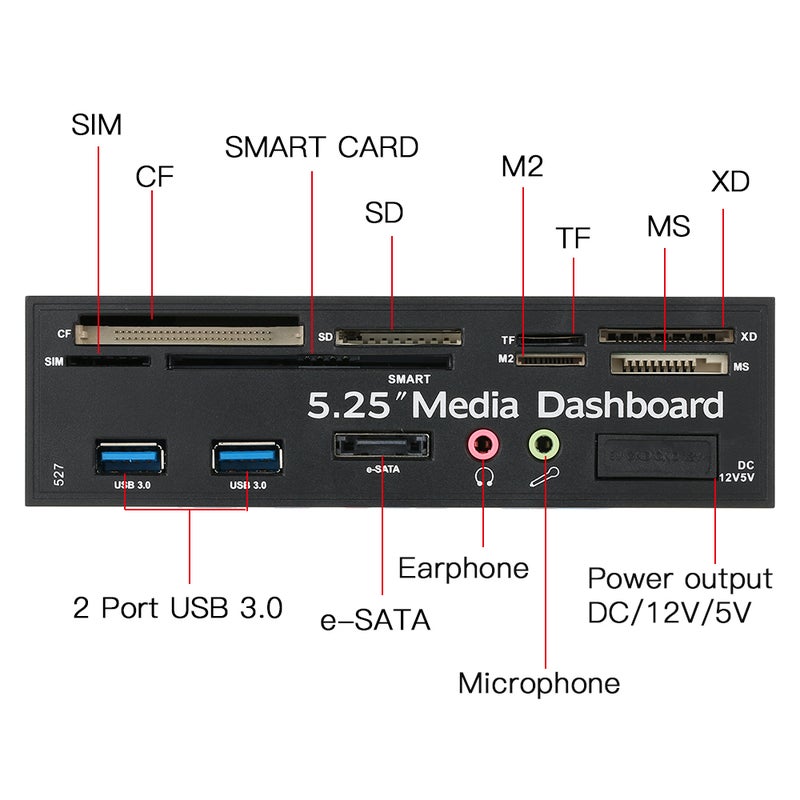 Generic - Multi-Function USB 3.0 Hub eSATA Port Internal Card Reader PC Dashboard Media Front Panel Audio Black - Image 1