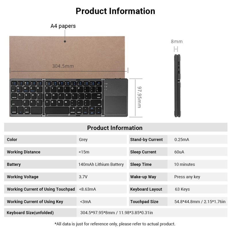 Foldable BT Portable Wireless Keyboard with Built-in Rechargeable Battery Grey - Image 3