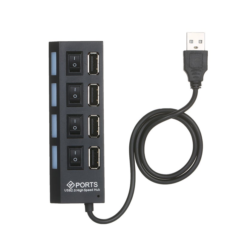 4-Ports USB Hub 480Mbps High Speed Data Transfer USB 2.0 Charging Splitter with Separated On/Off Switch LED Indicator Black - Image 1