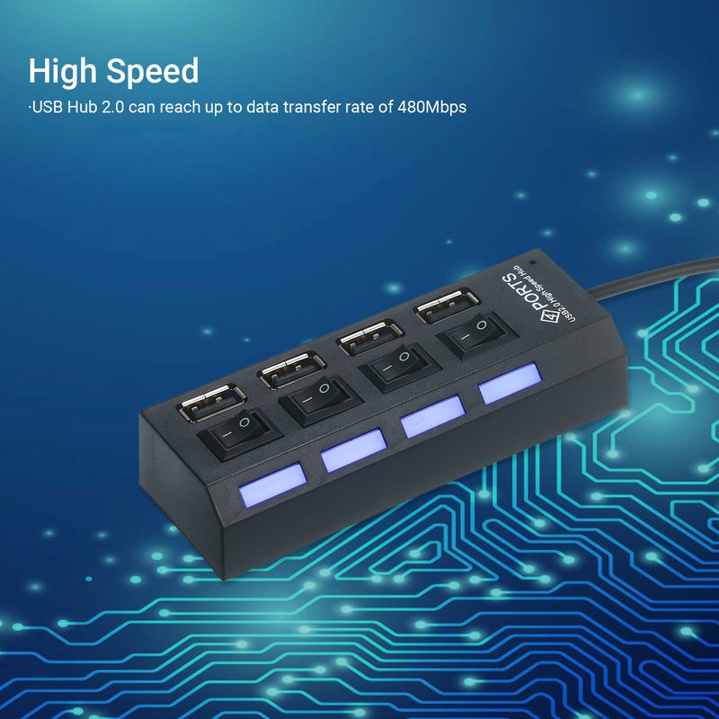 4-Ports USB Hub 480Mbps High Speed Data Transfer USB 2.0 Charging Splitter with Separated On/Off Switch LED Indicator Black - Image 2