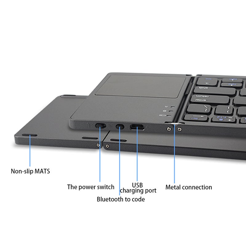 Generic - Mini 3-Folding Keyboard BT Foldable Cordless Keypad with Touchpad for Tablets Phone Black - Image 1