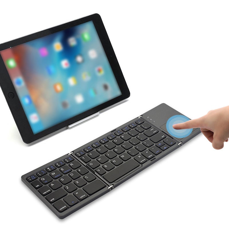 Generic - Mini 3-Folding Keyboard BT Foldable Cordless Keypad with Touchpad for Tablets Phone Black - Image 1