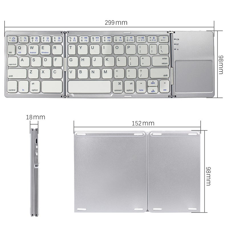 Generic - Mini 3-Folding Keyboard BT Foldable Cordless Keypad with Touchpad for Tablets Phone Black - Image 1