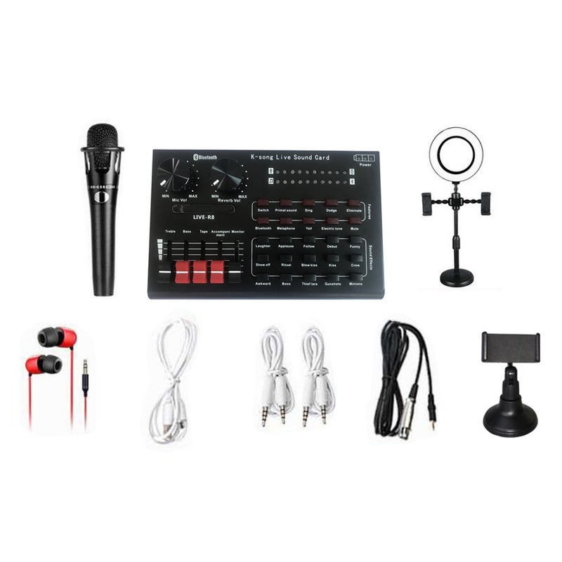 Live Sound Card + E300 Microphone + Microphone Tripod Stand Black