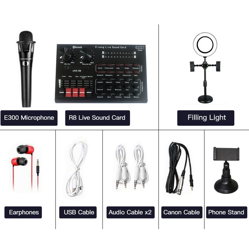 Generic Live Sound Card + E300 Microphone + Microphone Tripod Stand Black  - Image 1