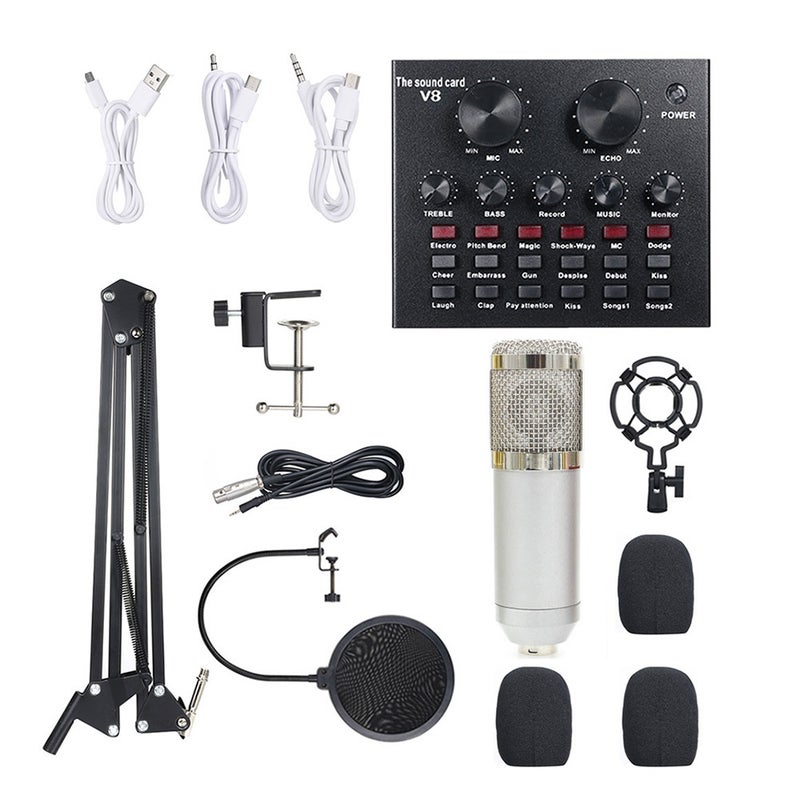 Multi-functional Live Sound Card + Microphone Set Silver  - Image 1